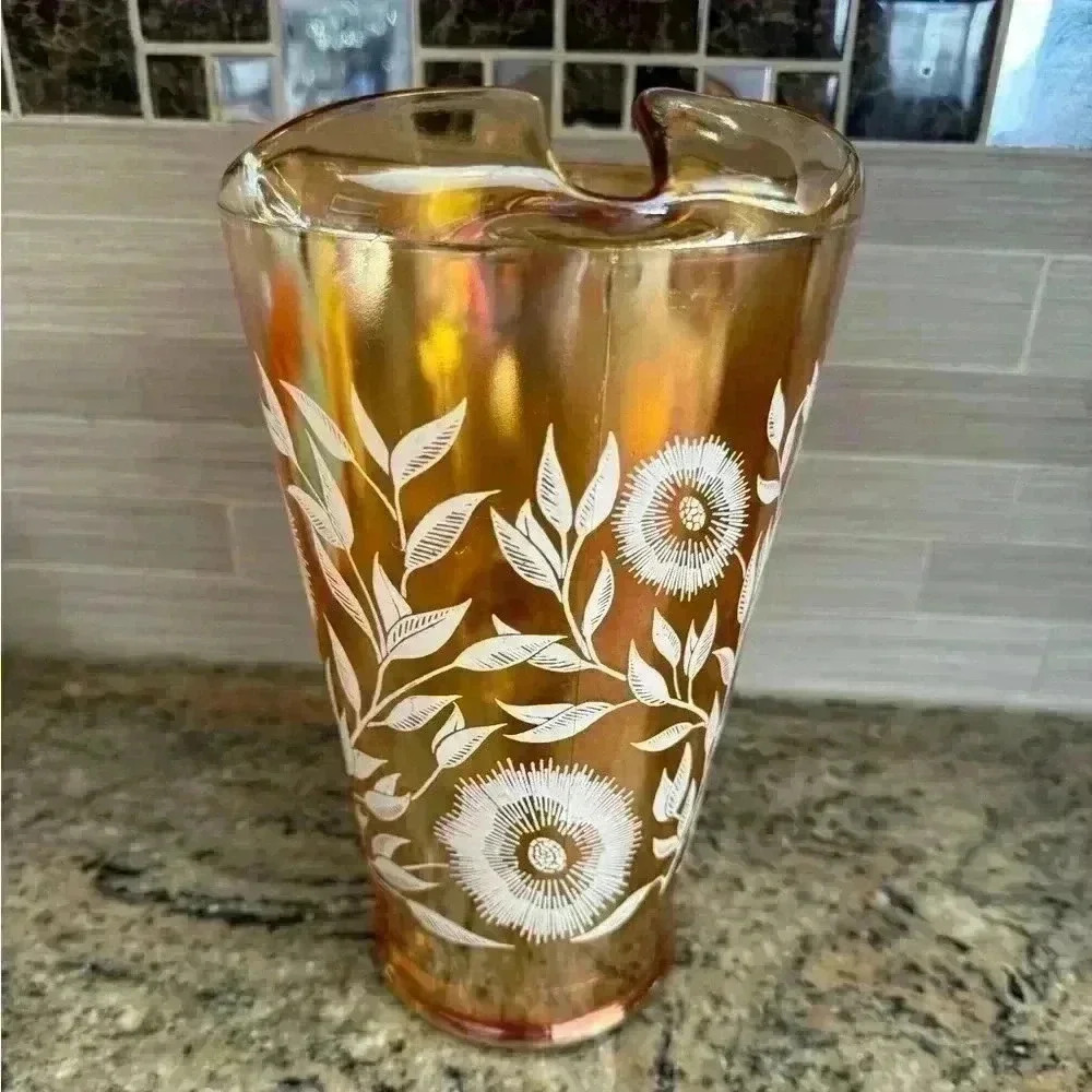 Jeanette Marigold Carnival Glass Pitcher White flowers Iridescent Peach…